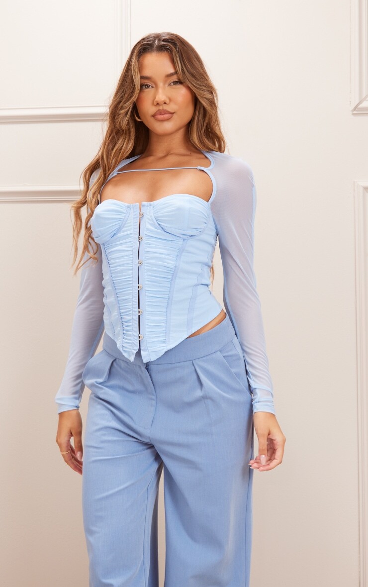 

PrettyLittleThing Синий сетчатый корсет с рюшами и крючками