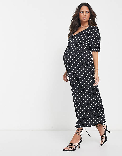 

Черное платье миди в горошек с кружевом New Look Maternity
