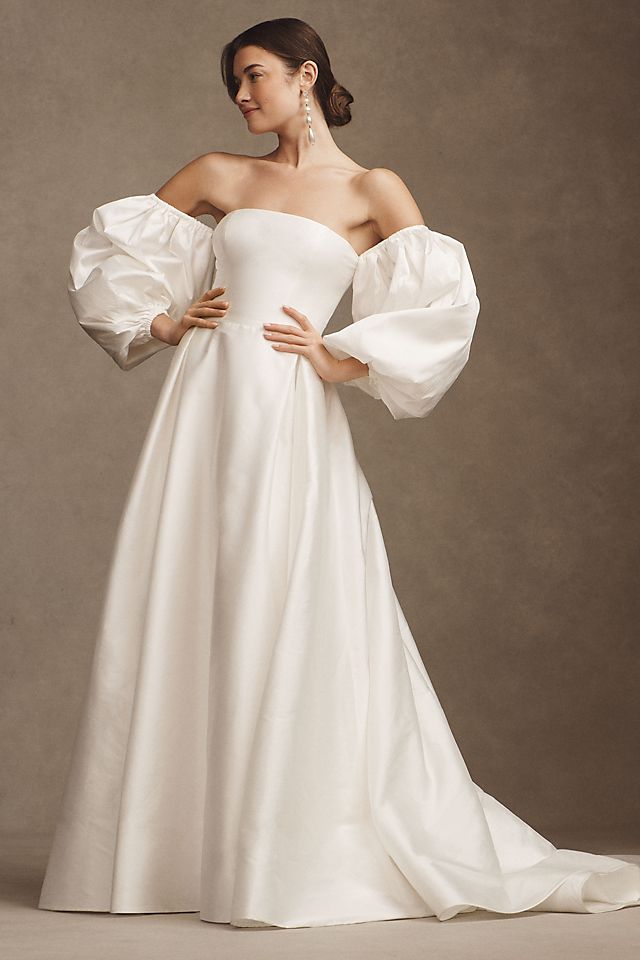 Свадебное платье Watters Millie А-силуэта со съемными рукавами-фонариками, айвори элегантное свадебное платье с открытыми плечами и пышными рукавами модель 2022 года простое свадебное платье до середины икры со складками
