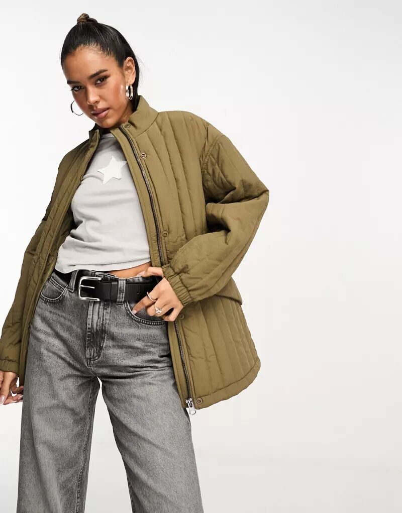 

Стеганая куртка прямого кроя из хлопка цвета хаки ASOS