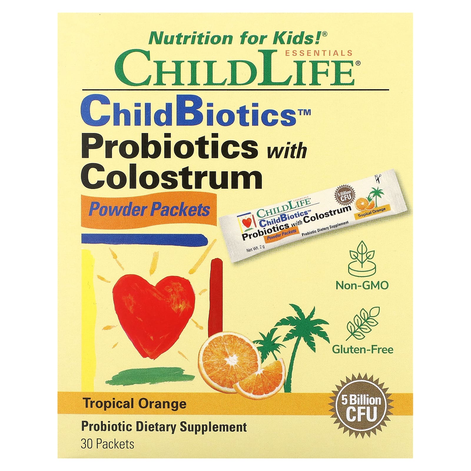 ChildLife Essentials ChildBiotics пробиотики с порошком из молозива тропический апельсин 30 пакетиков по 2 г