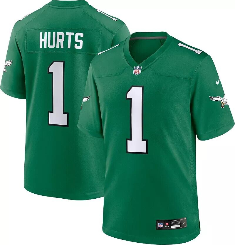 

Nike Youth Philadelphia Eagles Jalen Hurts # 1 Альтернативная футболка Kelly Green Game