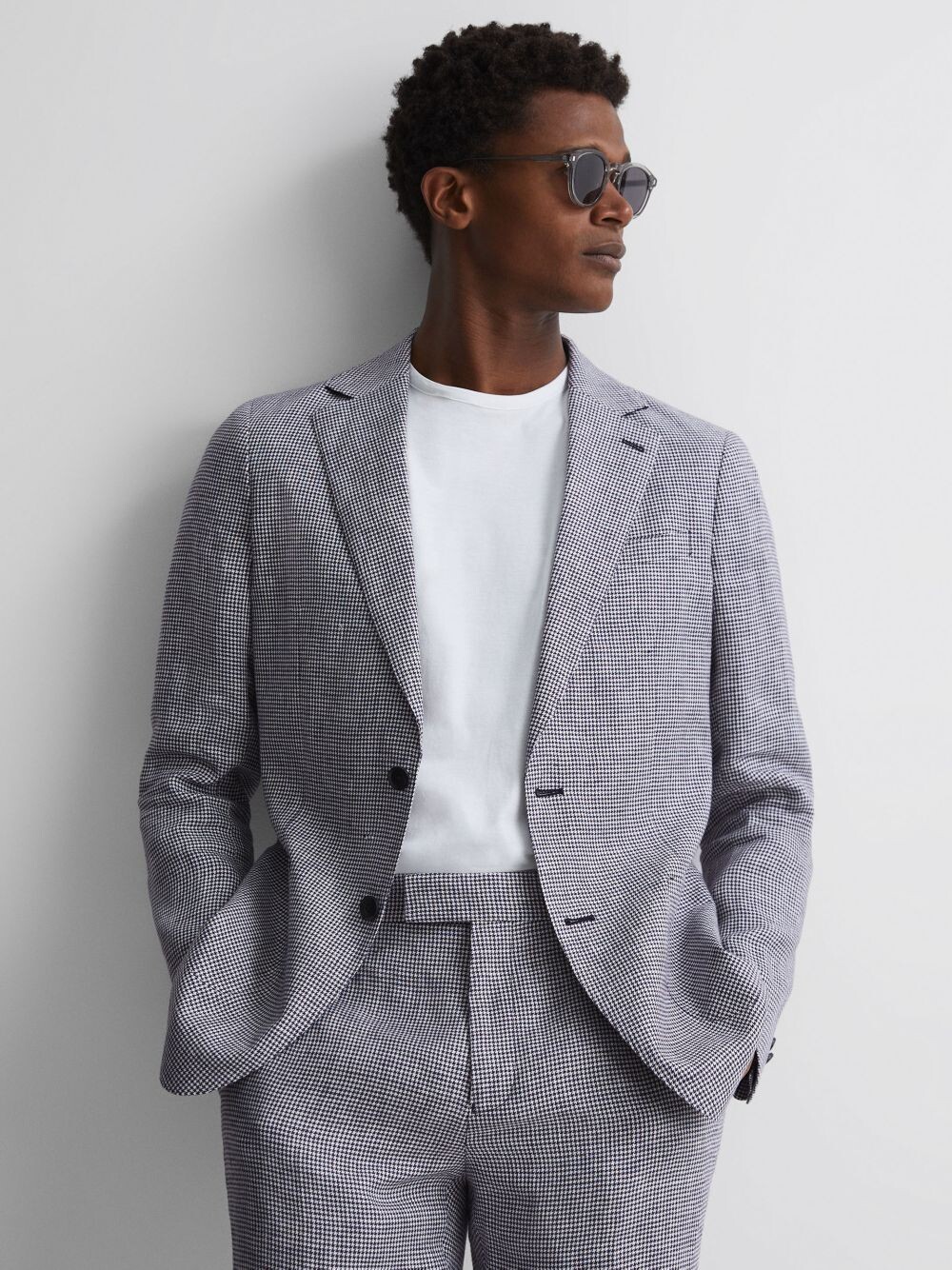 

Льняной однобортный пиджак Reiss Dogtooth, темно-синий