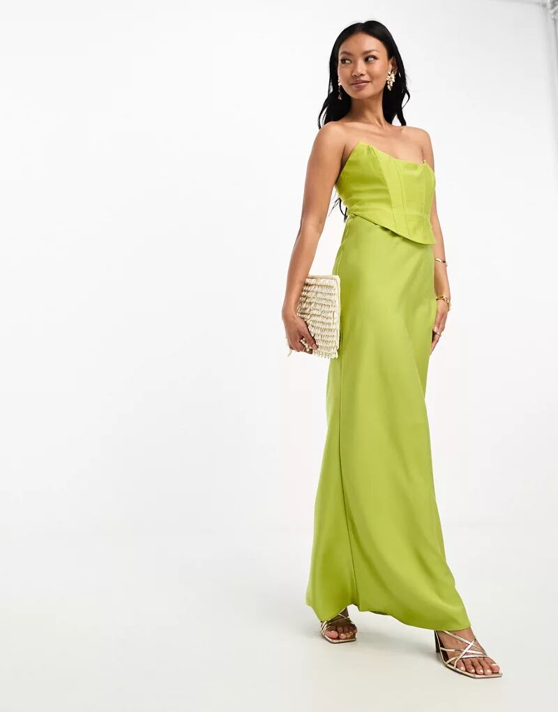 Платье-комбинация макси с овальным вырезом, корсетом и контрастной тканью оливково-зеленого цвета ASOS