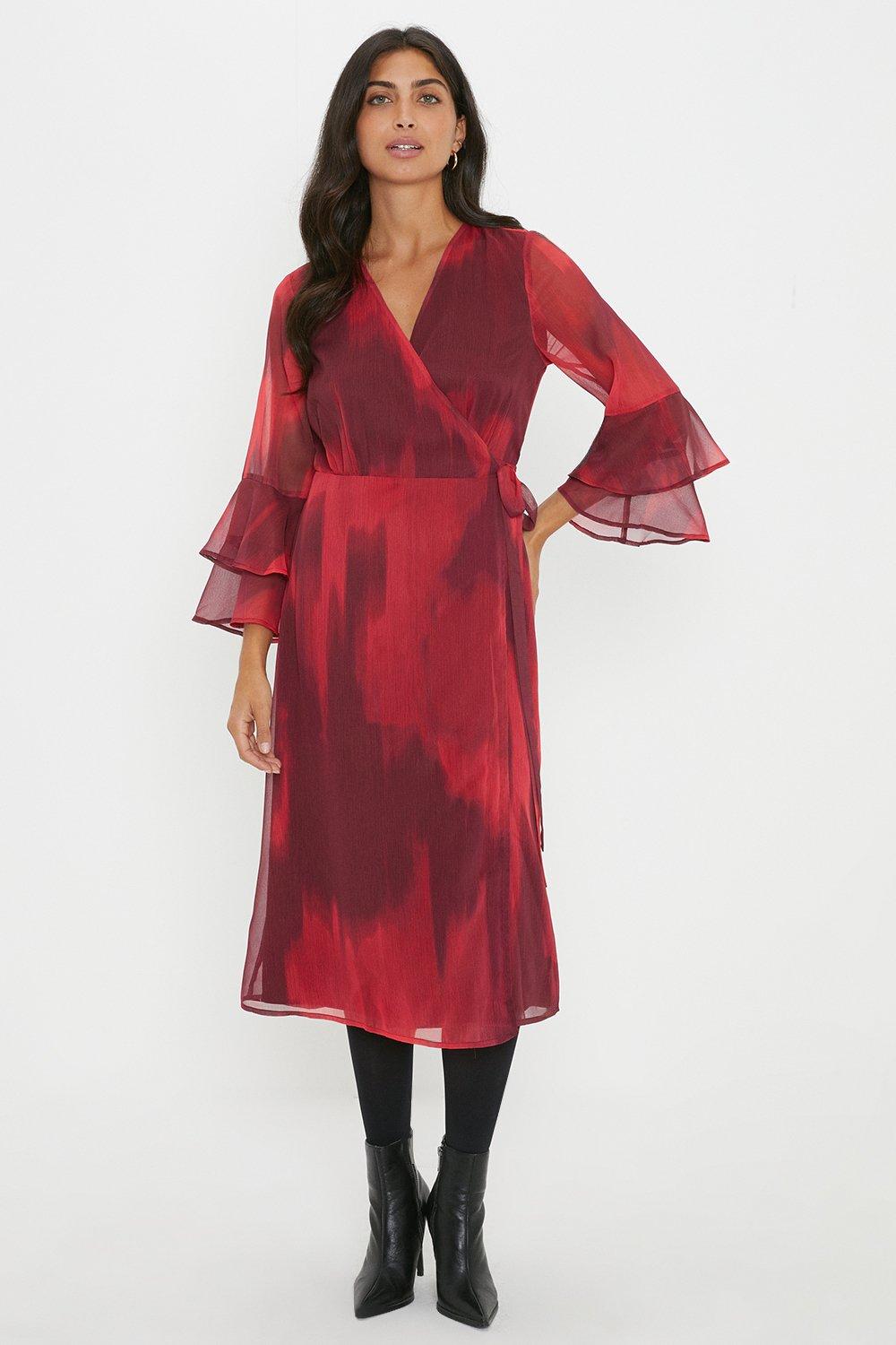 Красное платье с запахом и рукавами-фонариками омбре Wallis, красный
