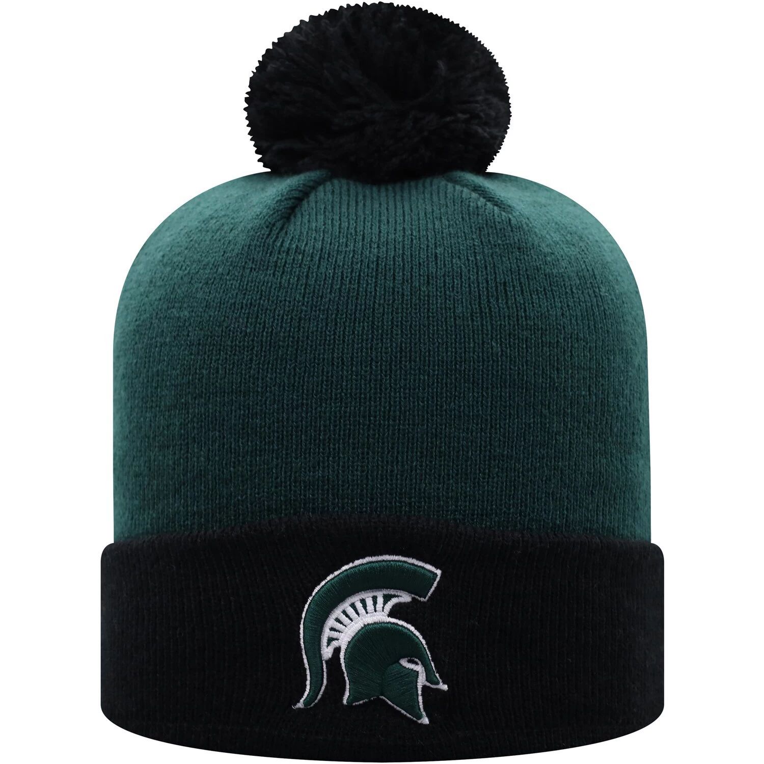 Мужская двухцветная вязаная шапка с манжетами и помпоном Top of the World, зеленая/черная, штат Мичиган, Spartans Core