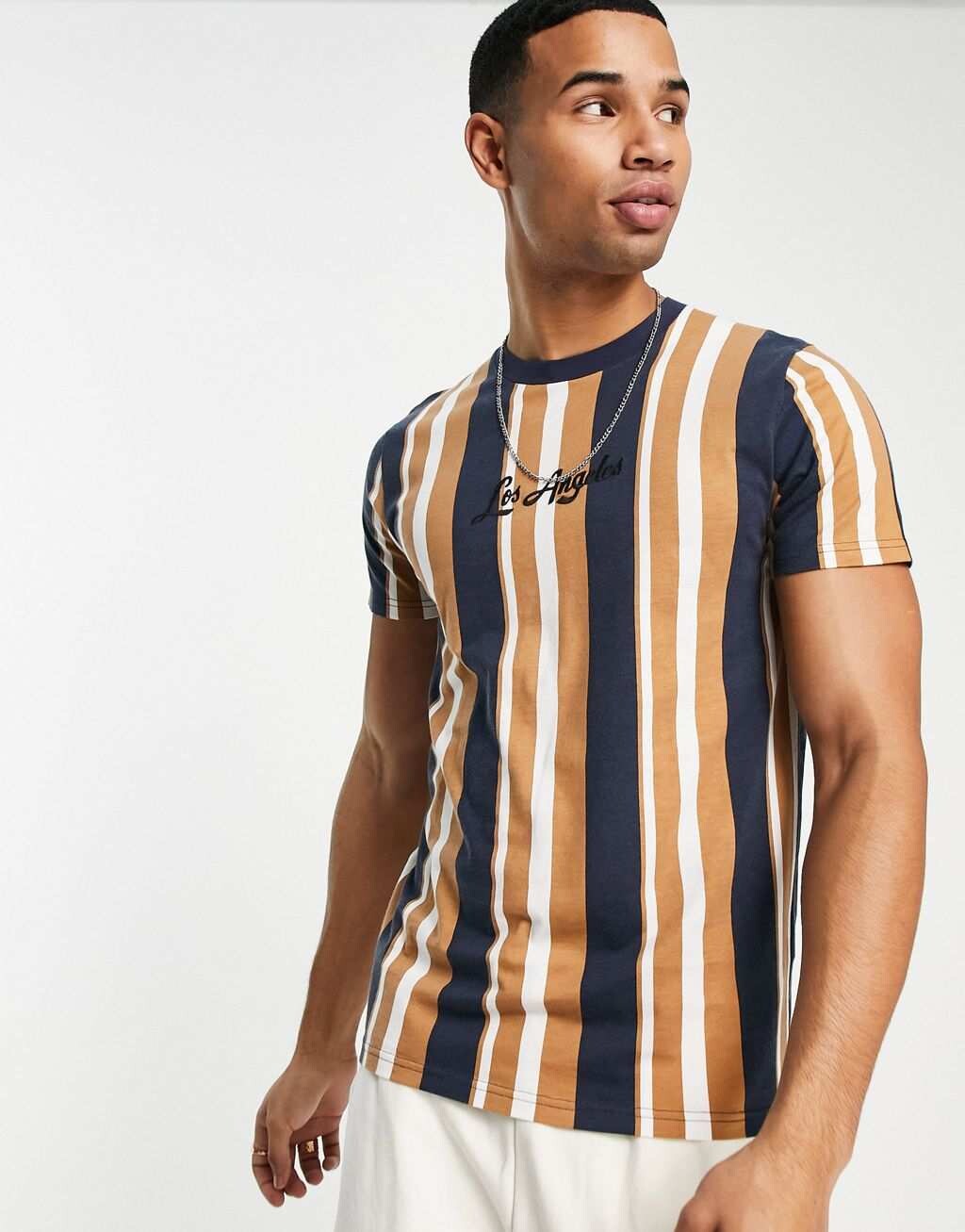

Сине-коричневая футболка в полоску с надписью Hollister Los Angeles, Коричневый