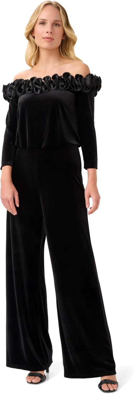 

Юбка Adrianna Papell Off-the-Shoulder Stretch Velvet Blouson Jumpsuit with Rosette Detail, черный