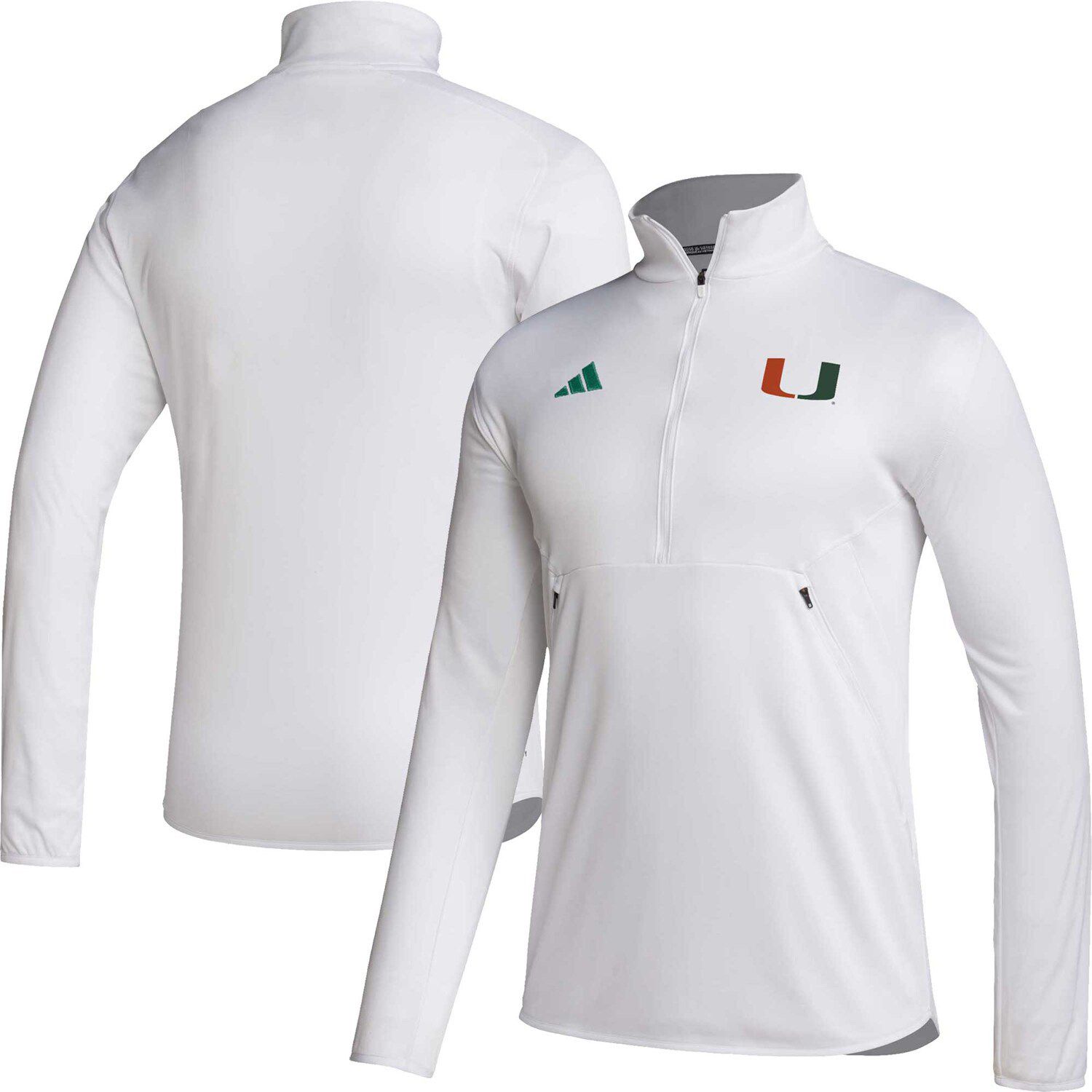 Мужская белая футболка Miami Hurricanes 2023 Sideline с молнией до половины AEROREADY adidas