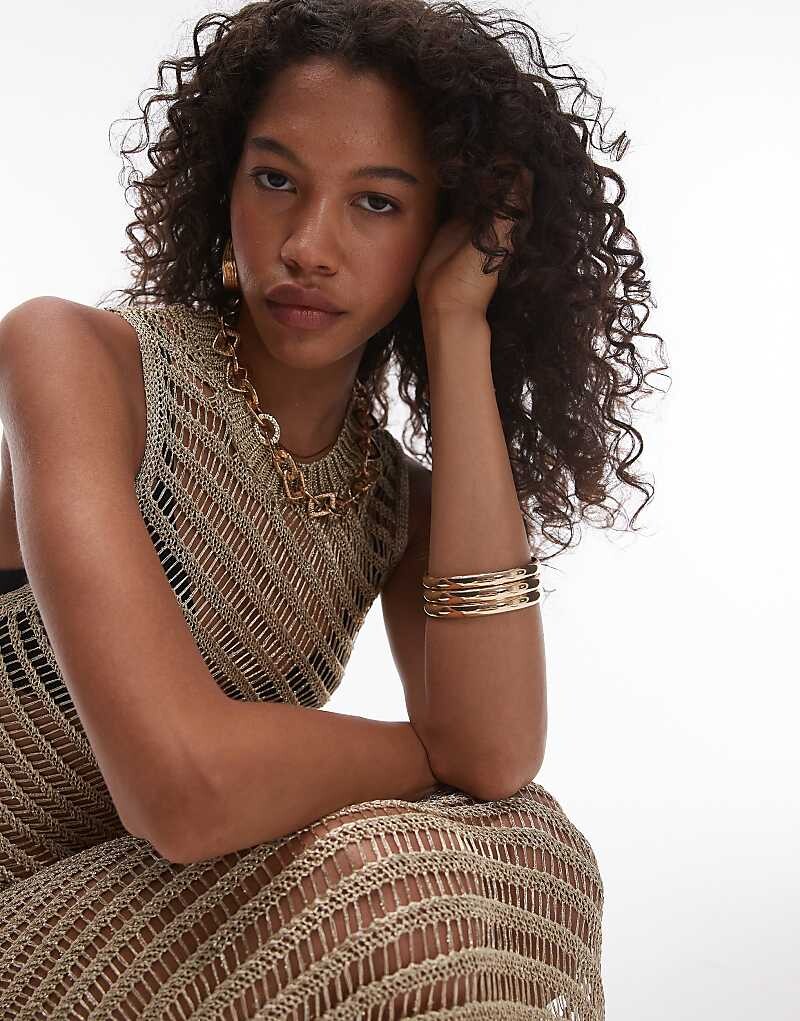 

Topshop — трикотажное платье цвета металлик и золотого цвета с перфорацией