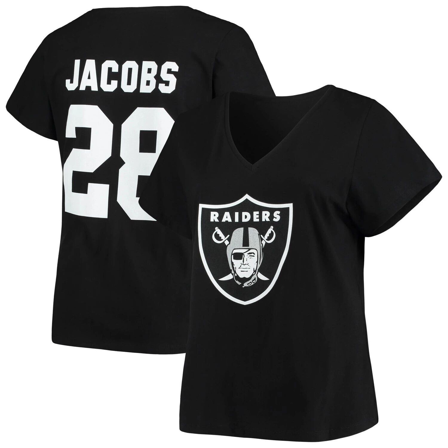 

Женская черная футболка Fanatics с логотипом Josh Jacobs Las Vegas Raiders размера плюс с v-образным вырезом с именем и номером Fanatics, Черный