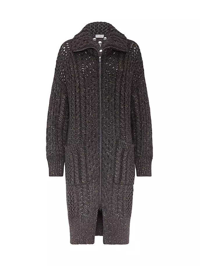 

Длинный кардиган из кашемировой пряжи с перьями Dazzling Irish Cables Brunello Cucinelli, серый