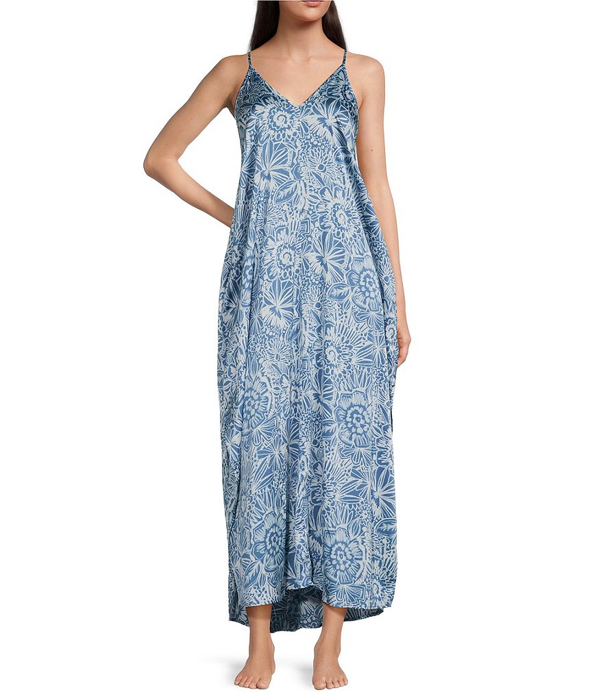 VAN WINKLE & CO. Тканая атласная сорочка без рукавов с v-образным вырезом и цветочным принтом, синий
