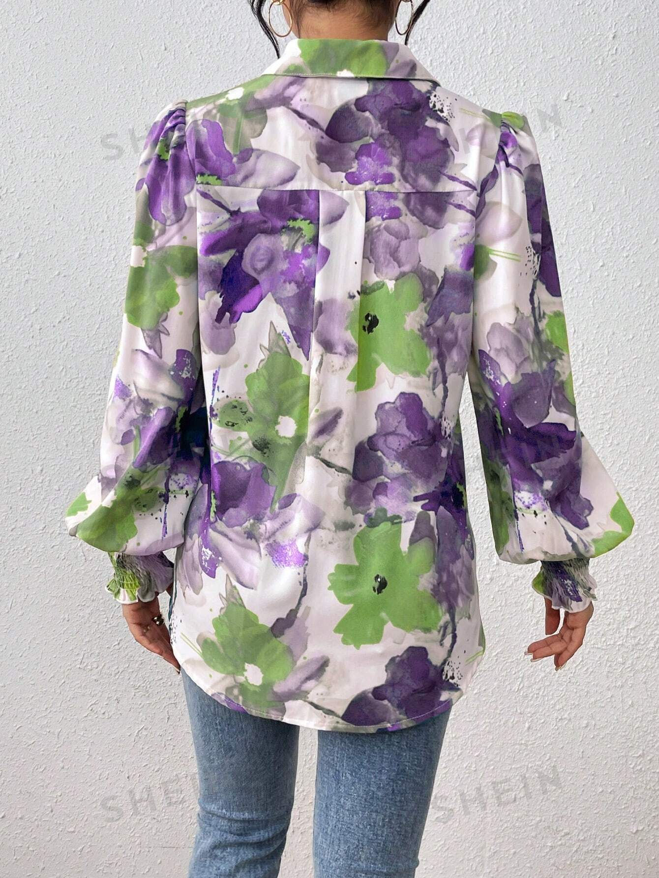 SHEIN VCAY Рубашка на пуговицах с длинным рукавом и цветочным принтом, фиолетовый