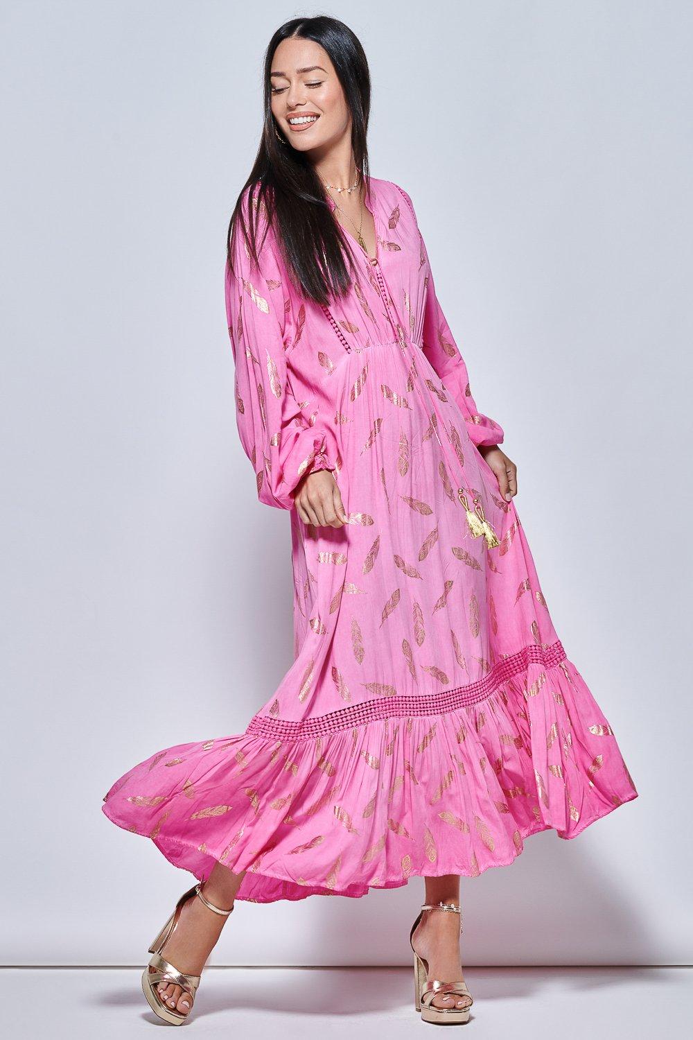 Праздничное платье макси с длинными рукавами и кружевной отделкой Jolie Moi, розовый