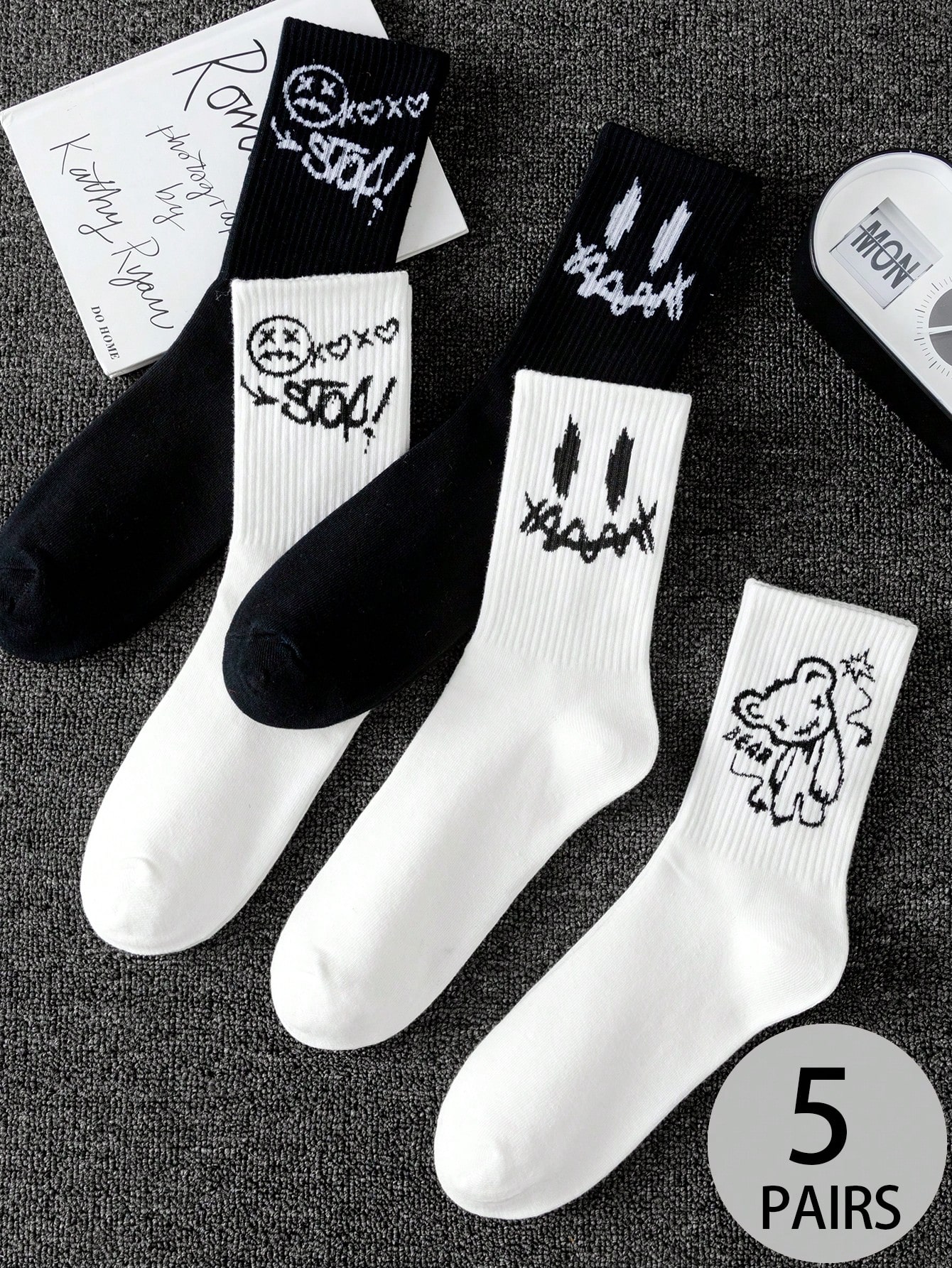 5 пар мужских черно-белых носков с рисунком медведя из мультфильма, черное и белое 20 шт 10 пар мужские впитывающие пот черные носки