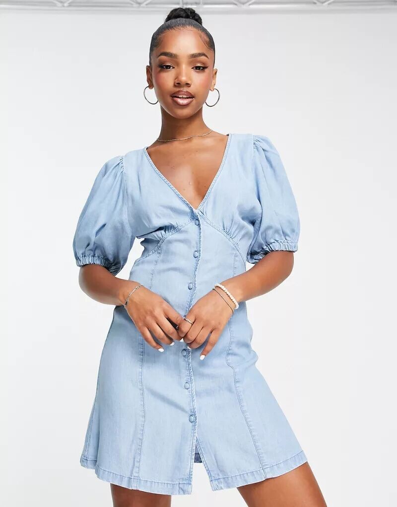 

Мини-платье ASOS из мягкого денима с отделкой по швам синего цвета
