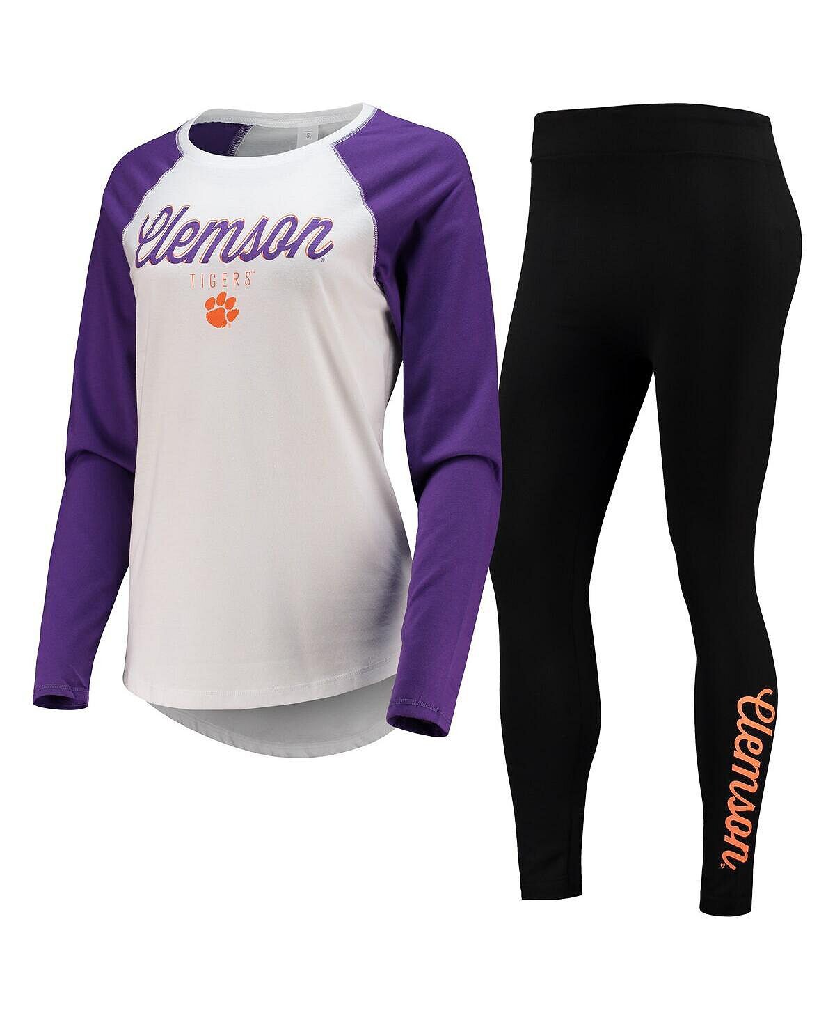 

Женский комплект для сна с футболкой с длинными рукавами и леггинсами Clemson Tigers белого и черного цвета реглан ZooZatz