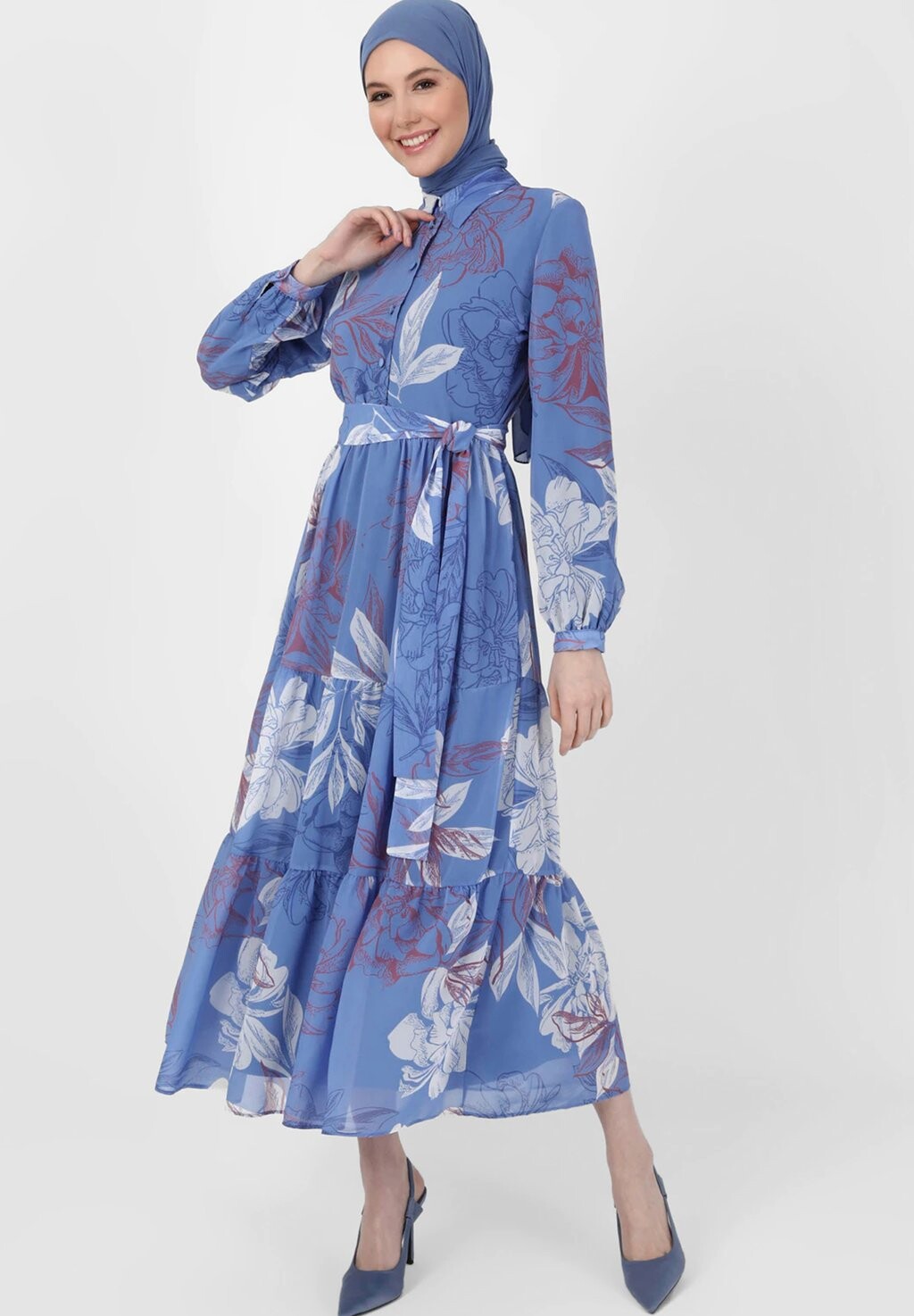

Длинное платье Floral Point Collar Modest RefkaModanisa