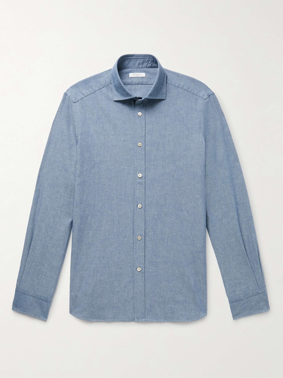 

Рубашка Slim Fit с воротником-стойкой из хлопка и шамбре BOGLIOLI, синий