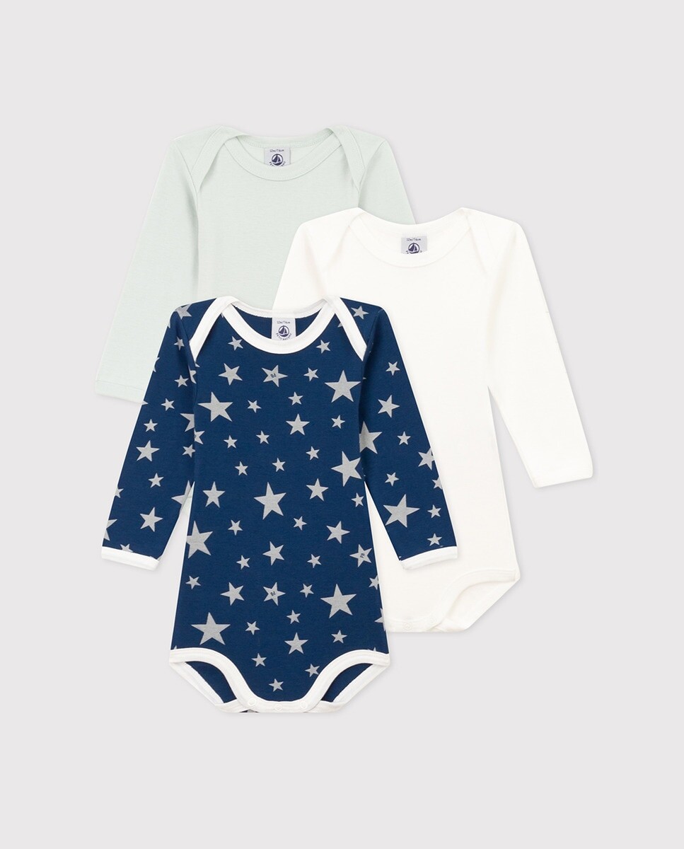 

Комплект из 3 детских хлопковых боди с фосфоресцирующим эффектом. Petit Bateau, разноцветные