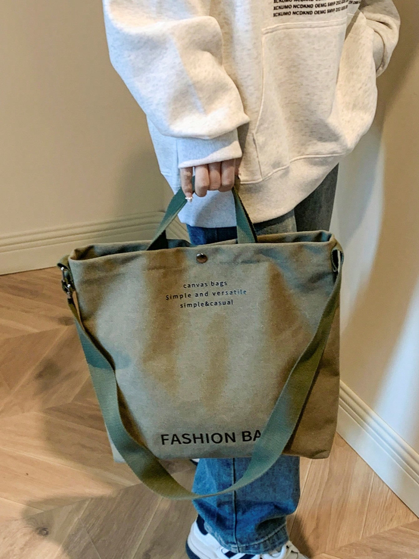 Холщовая большая сумка с буквенным рисунком, армейский зеленый fiwiuu холщовая сумка тоут наплечная сумка с буквенным принтом сумка тоут сумка кошелек с молнией повседневная сумка через плечо
