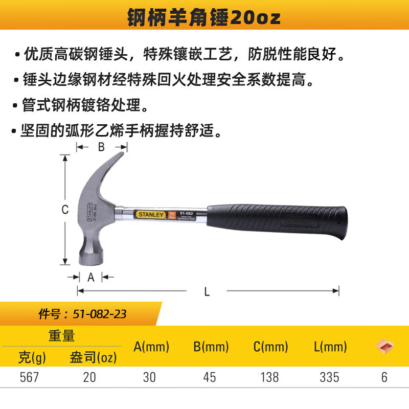 Stanley стальная ручка молоток-гвоздодер бытовой многофункциональный железный молоток деревообрабатывающий молоток для ногтей железный молоток 20 унций 51-082-23