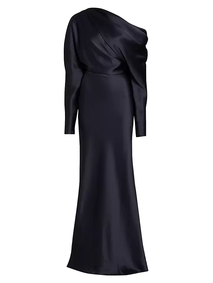 Атласное платье с открытыми плечами и драпировкой Amsale, темно-синий
