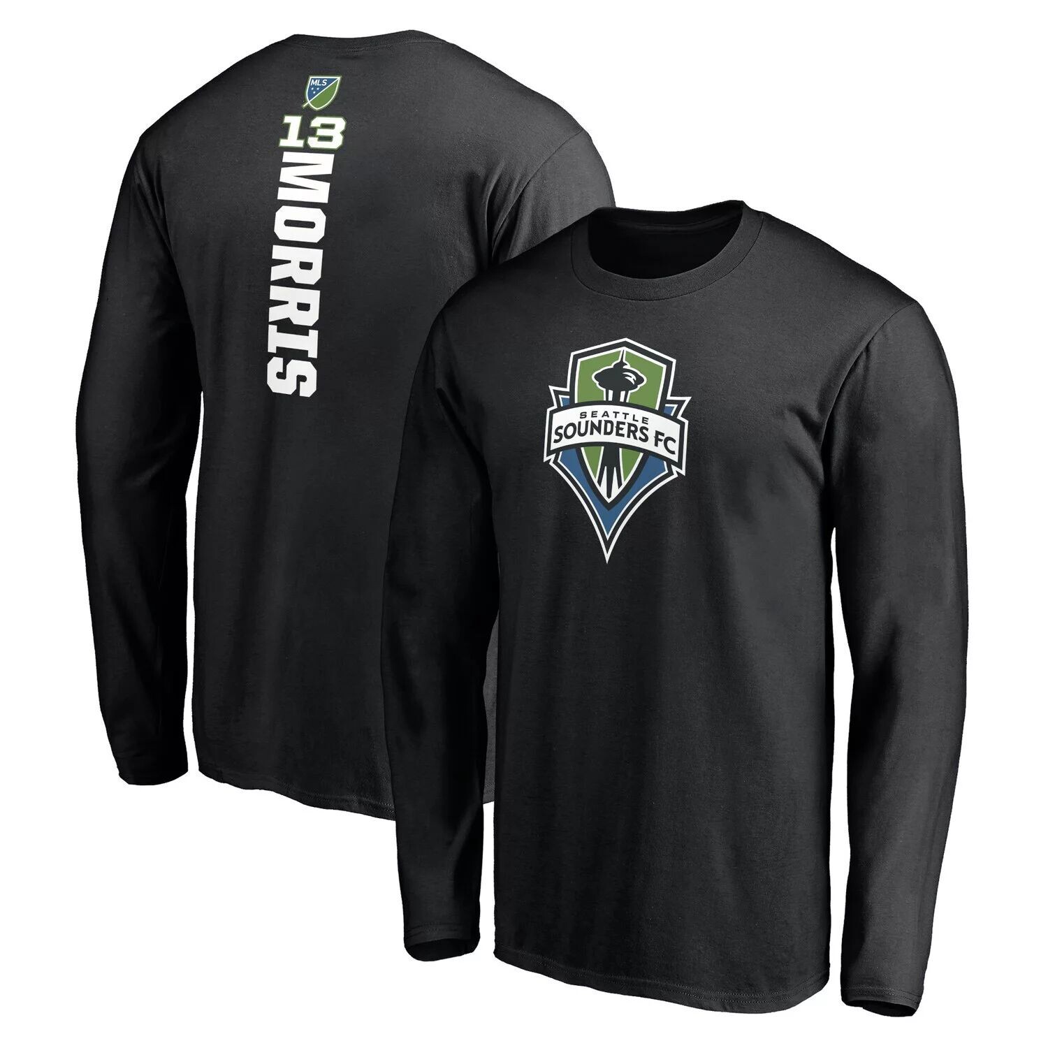 

Мужская футболка с длинным рукавом с логотипом Jordan Morris Black Seattle Sounders FC Playmaker, имя и номер Fanatics