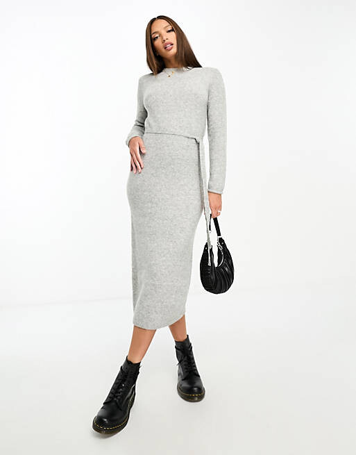 

Серое трикотажное платье миди с завязкой на талии ASOS DESIGN Tall
