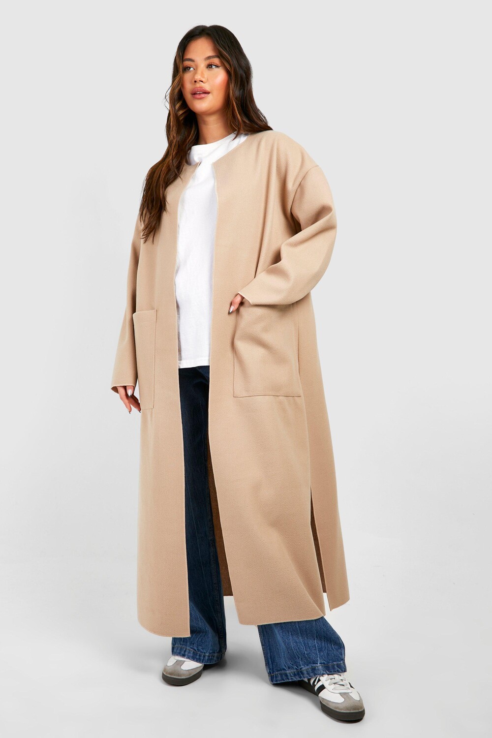 

Шерстяное пальто макси без воротника boohoo, бежевый