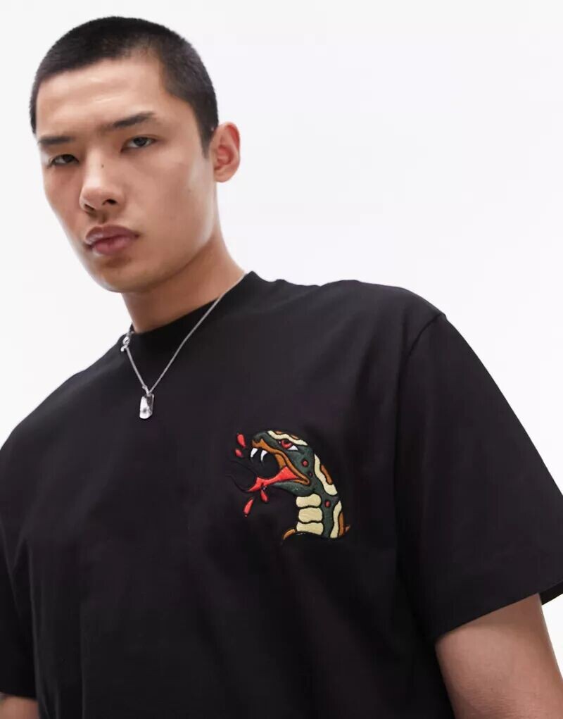 

Черная футболка оверсайз с вышивкой в ​​виде головы змеи Topman