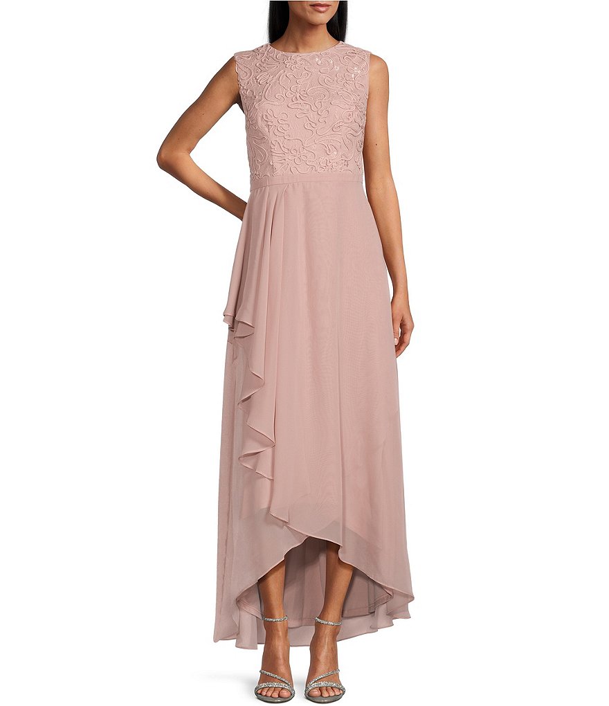 JS Collections Кружевное шифоновое платье с ниспадающими рюшами и вышивкой, трапециевидной формы с высоким и низким вырезом, фиолетовый js express