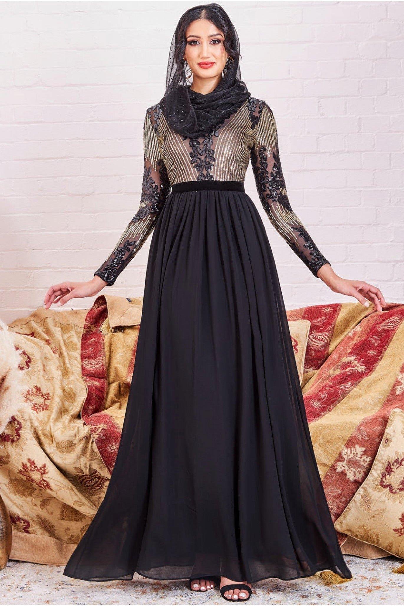 Платье макси с сетчатым лифом и пайетками Modesty Goddiva, черный