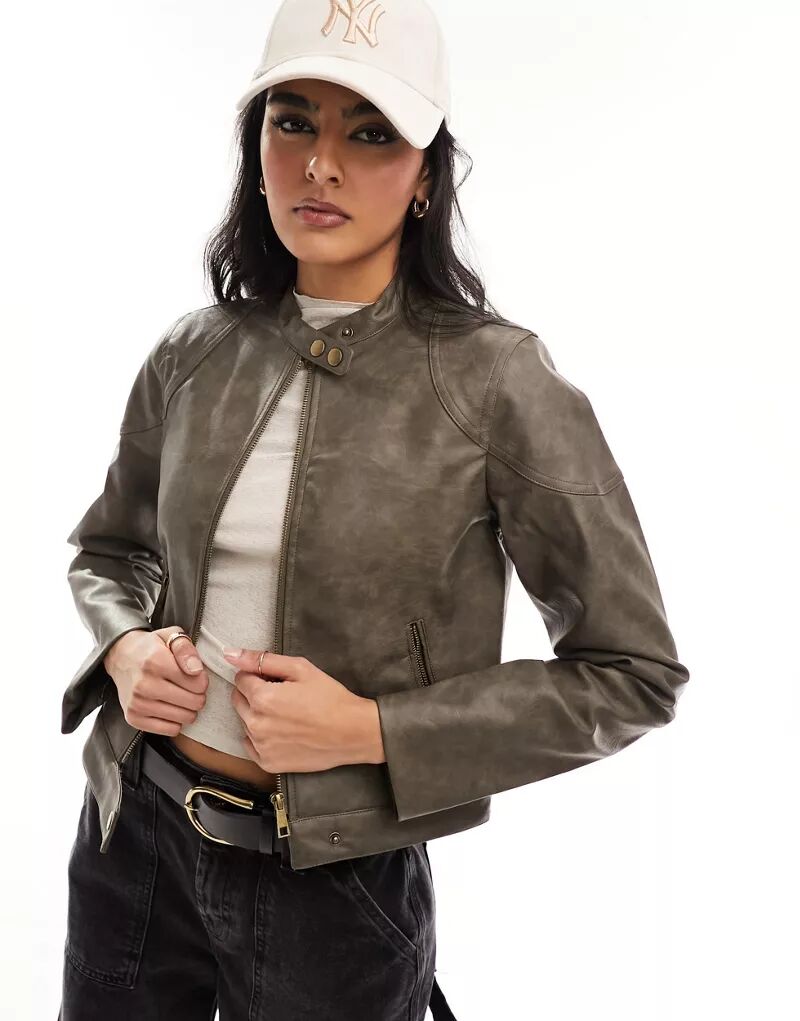 Хлопковая винтажная коричневая куртка из искусственной кожи Cotton:On женская винтажная куртка из искусственной кожи пальто из искусственной кожи