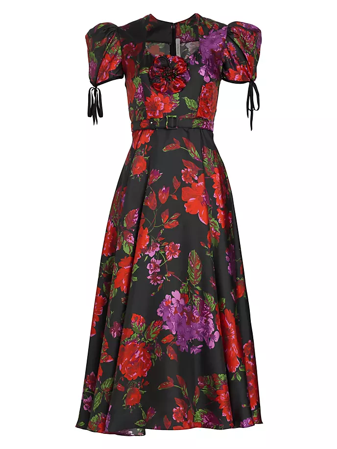 Шелковое платье миди с пышными рукавами и цветочным принтом Rodarte, черный