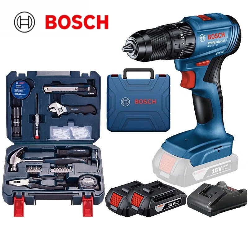 Дрель электрическая Bosch GSB185-Li + набор инструментов, два аккумулятора, зарядное устройство