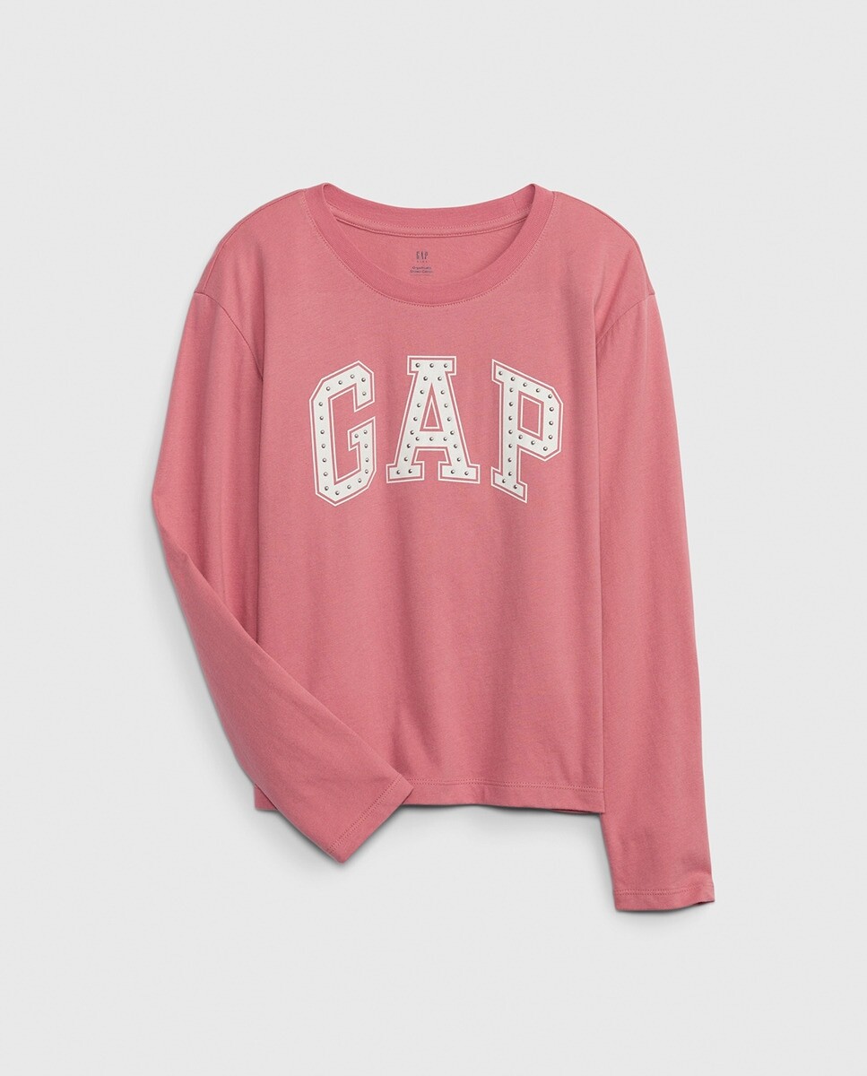 

Футболка для девочек с логотипом и заклепками, длинными рукавами Gap, розовый