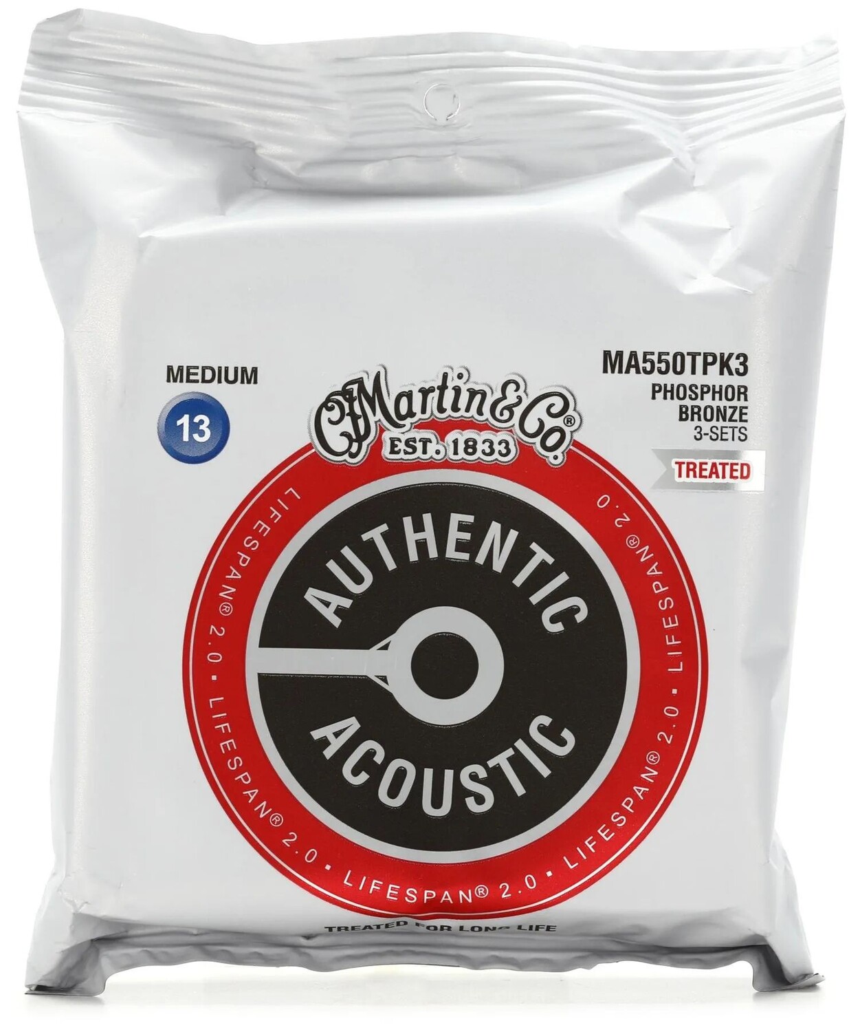 

Гитарные струны Martin MA550T Authentic Acoustic Lifespan 2.0, обработанные фосфорной бронзой 92/8 — .013–.056, средние (3 шт.)