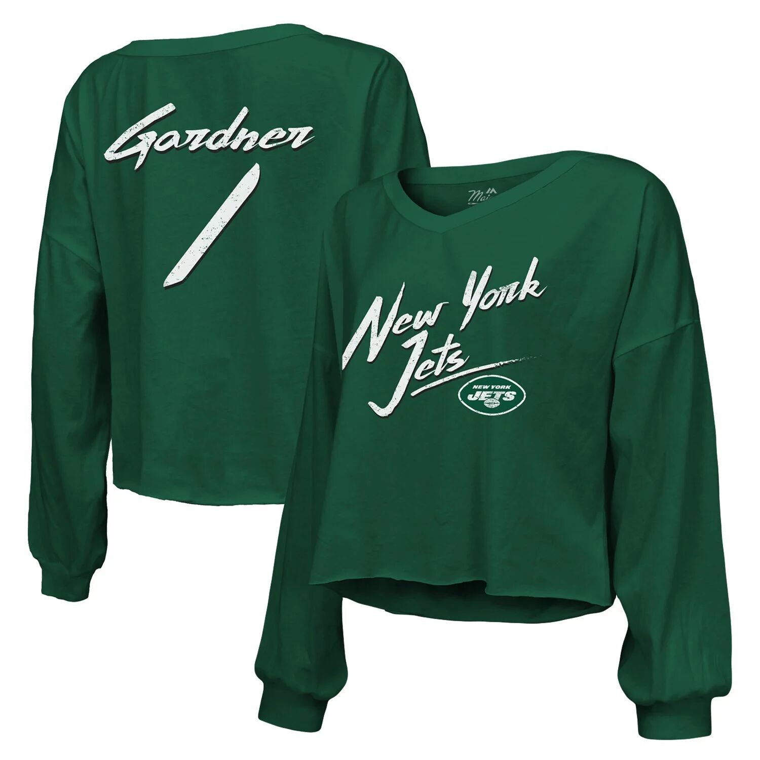 

Женская футболка Majestic Threads Sauce Gardner Green New York Jets с именем и номером, с открытыми плечами и надписью, укороченная футболка с длинными рукавами и v-образным вырезом Majestic