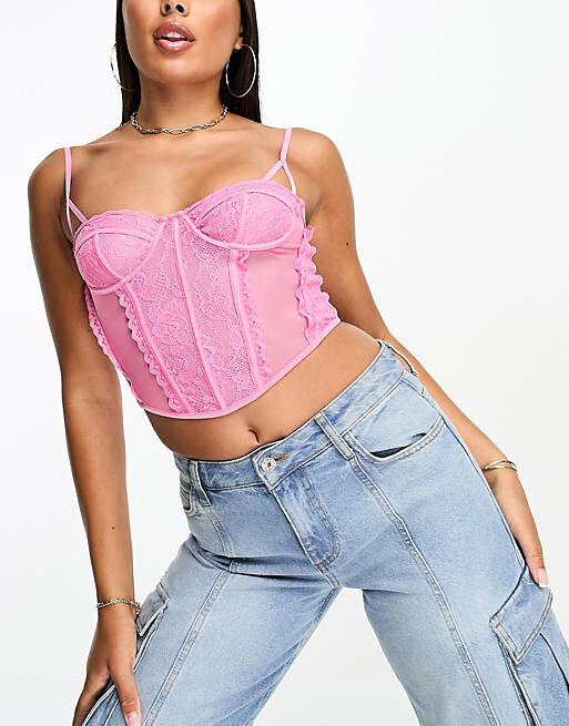 

Розовый длинный кружевной корсетный топ на бретельках ASOS DESIGN