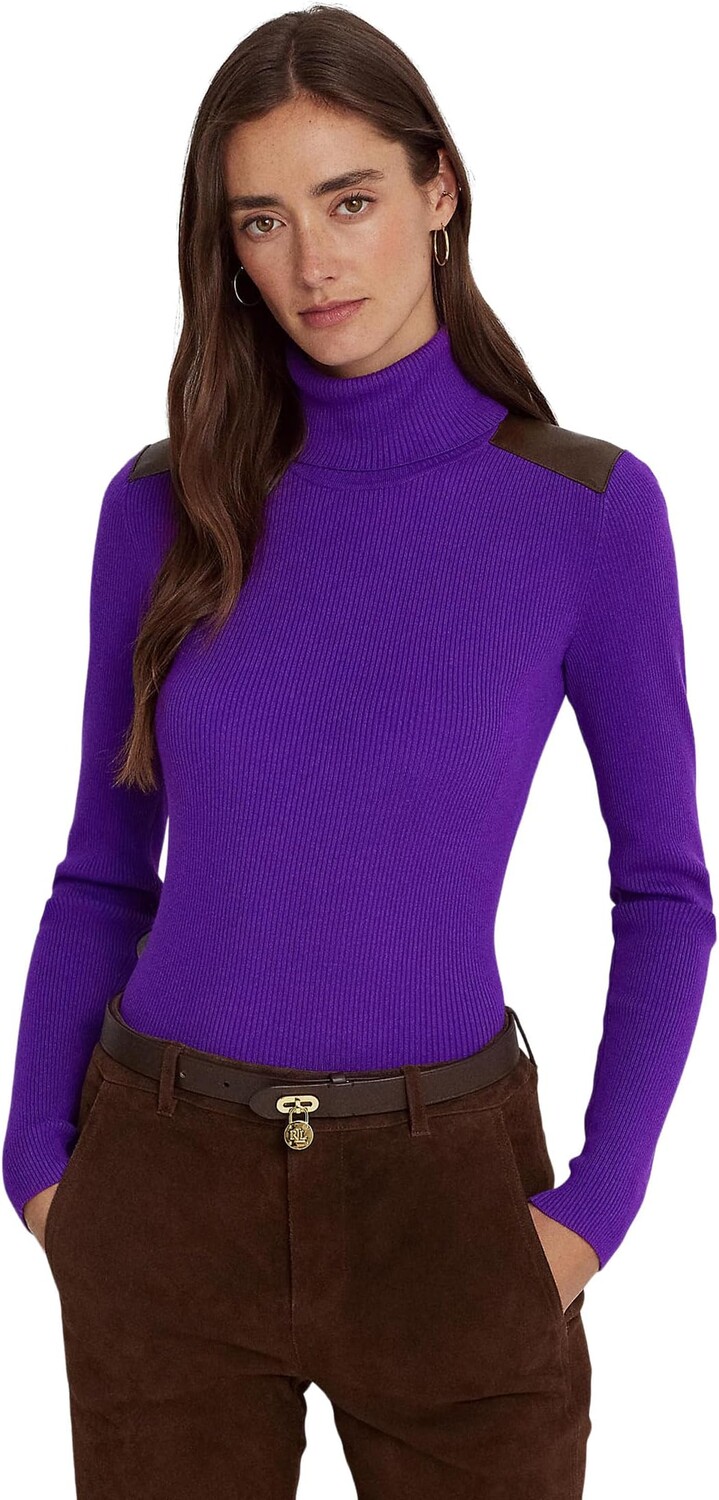 

Свитер Faux Leather-Trim Ribbed Turtleneck LAUREN Ralph Lauren, цвет Purple Agate