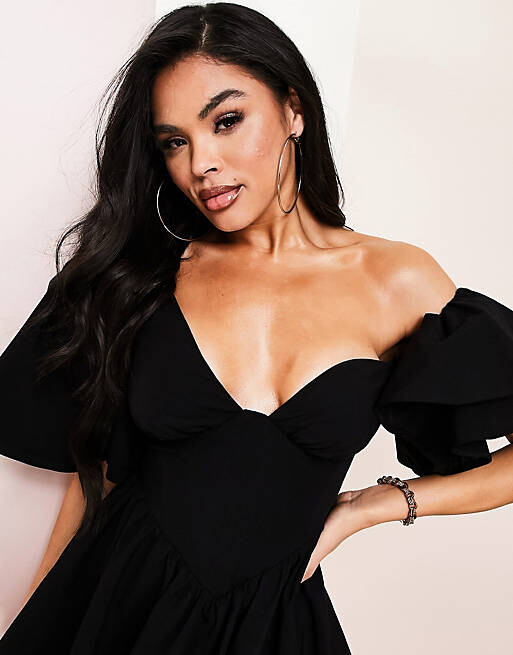 

Черное хлопковое платье на одно плечо с корсетом и оборками ASOS LUXE