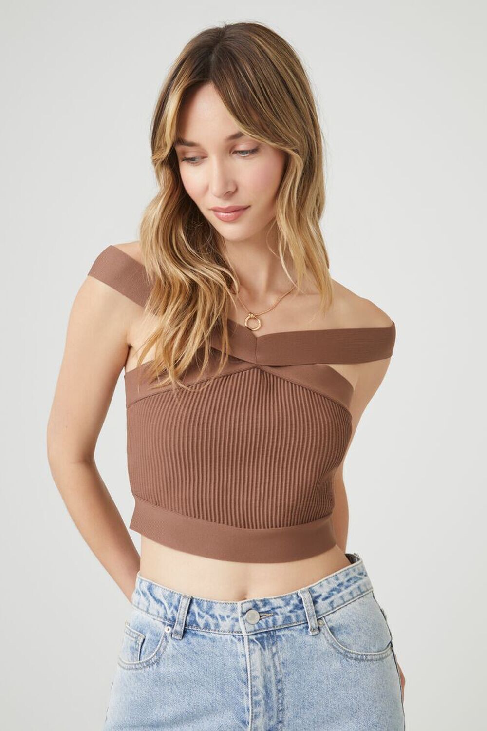 

Укороченный топ с открытыми плечами, вязаный свитер Forever 21