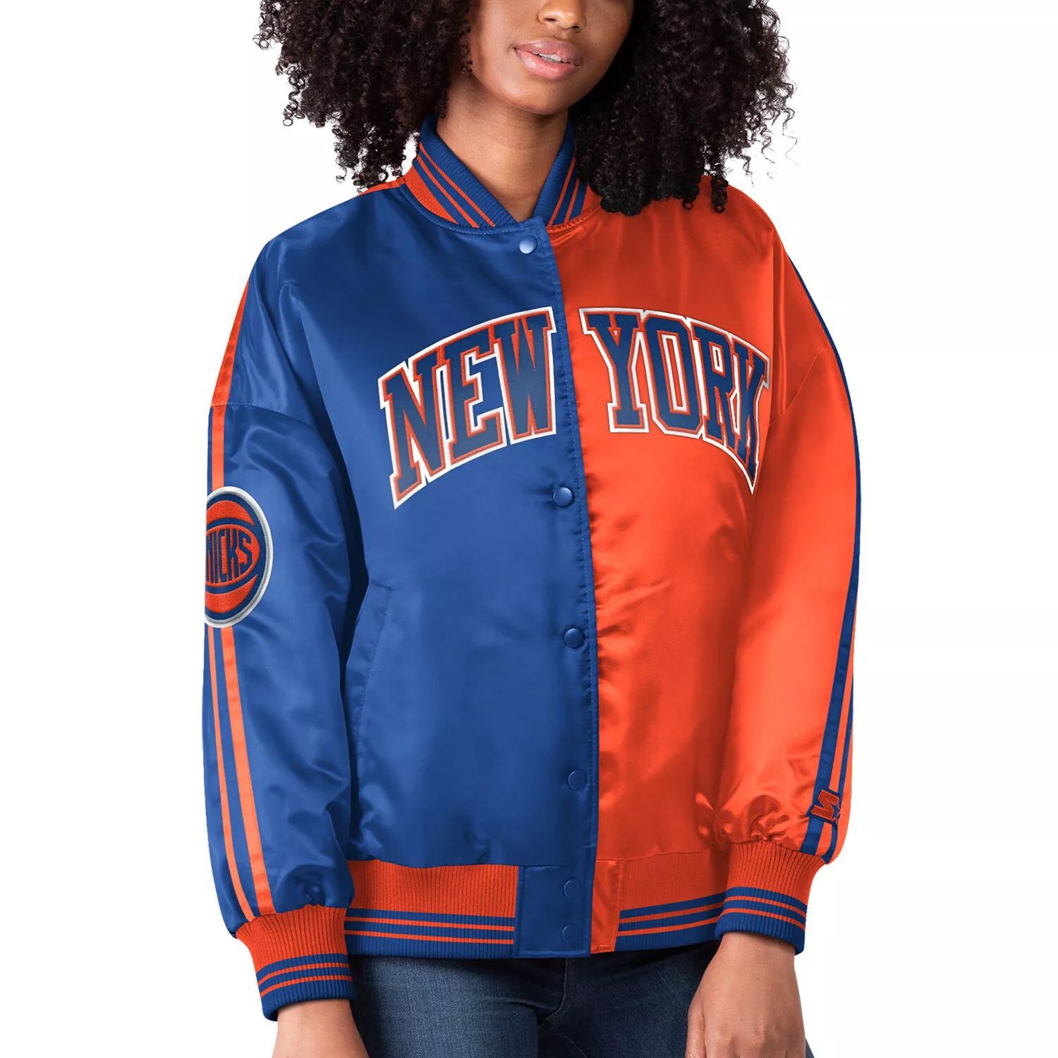 цена Женская базовая университетская куртка синего/оранжевого цвета с разрезом и цветными блоками New York Knicks Starter