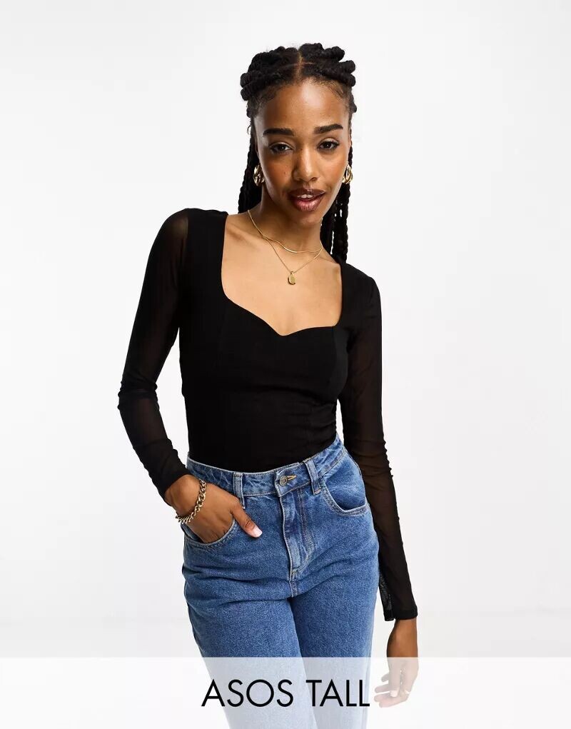 

Черное боди с вырезом в форме сердца и сетчатыми рукавами ASOS DESIGN Tall