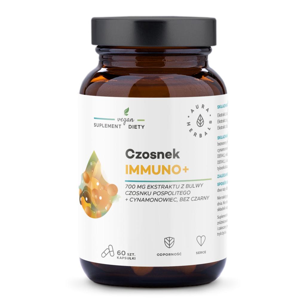 Aura Herbals Czosnek Immuno+ препарат, поддерживающий сердечно-сосудистую, нервную и иммунную системы, 60 шт. капсулы поддерживающие нормальный уровень холестерина aura herbals czerwony ryż karczoch 60 шт