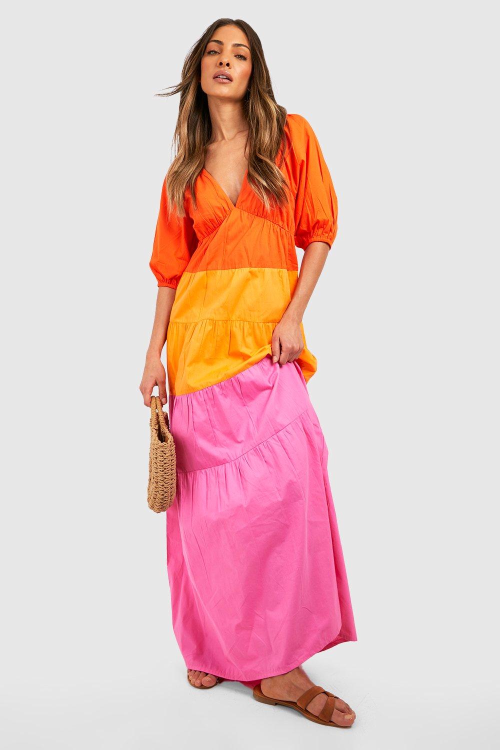 Платье макси из хлопкового поплина color block Boohoo, оранжевый