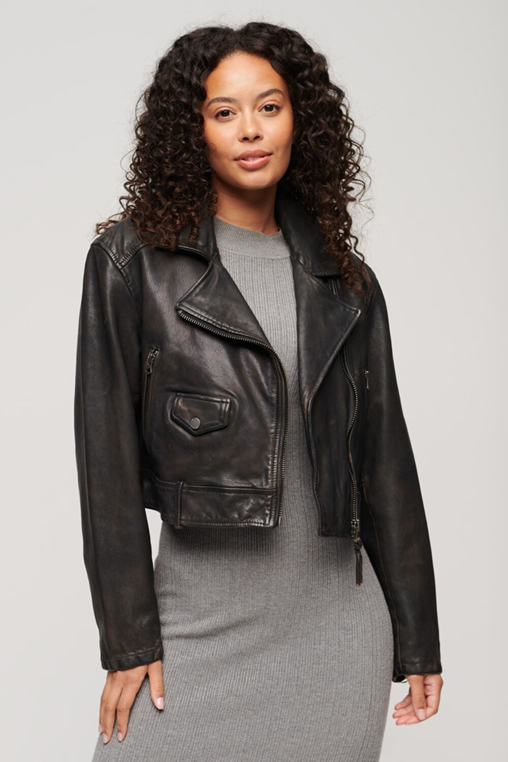 

Кожаная мотоциклетная куртка Superdry, серый