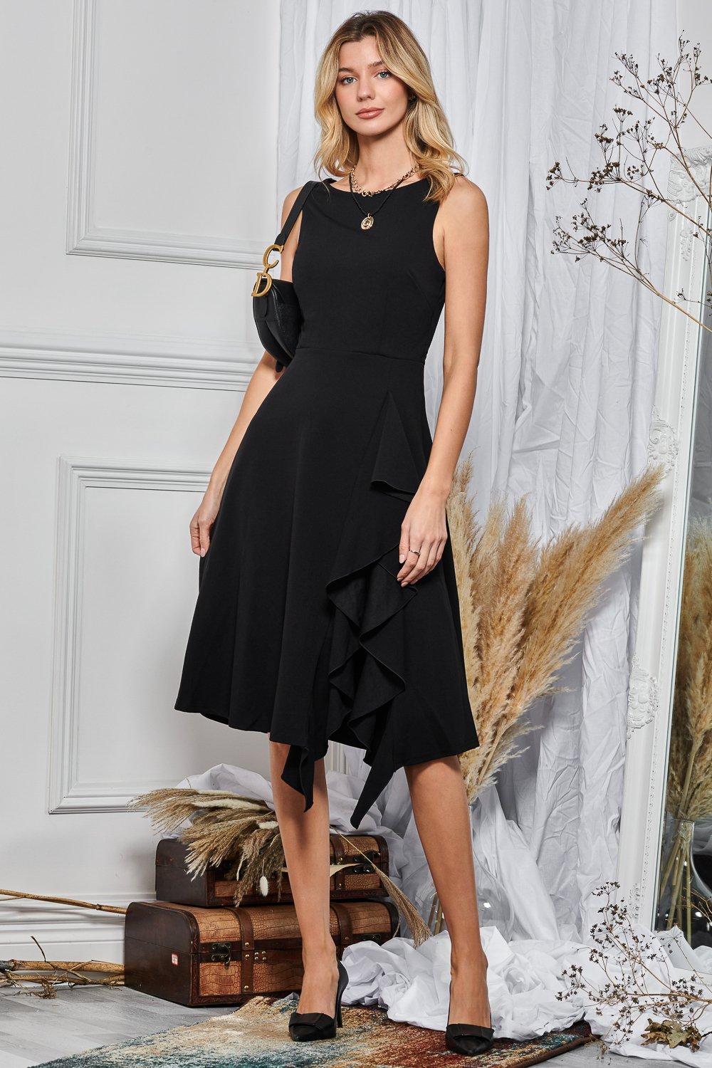 Платье миди с расклешенной юбкой и рюшами Jolie Moi, черный женский летний комбинезон с v образным вырезом и открытыми плечами